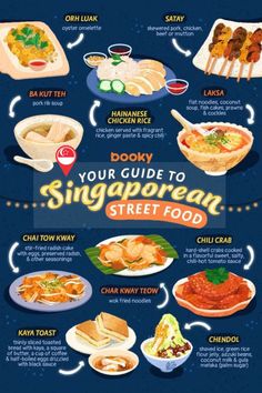 the singapore street food guide is shown in this graphic style, with instructions for how to eat it