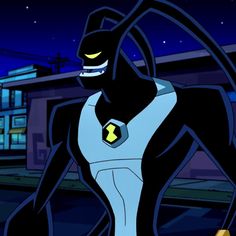 the animated character is standing in front of a building at night with his hands on his hips