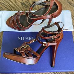 Stuart Weitzman Known For Comfort Yet Fashion Pecan Brown Platform Sandals, Beautiful Burnished Brass Colored Buckles, Never Worn! I Am A Runner And High Heels Bother My Ankles So Have To Part With Them Leather Sole, Made In Spain. Healthy Clean And Nonsmoking Home Designer Closed Toe Sandals With Heel Loop, Designer Almond Toe Sandals With Heel Loop, Designer Almond Toe Sandals With Heel Strap, Designer Almond Toe Heels With Buckle Closure, Brown Platform Sandals, Strappy Platform Sandals, Burnished Brass, Brass Color, Platform Sandals