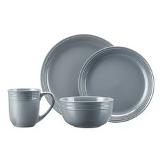 a set of gray dinnerware on a white background