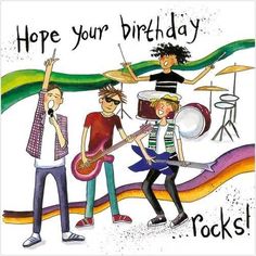 a birthday card with an image of three people playing guitar and singing to each other