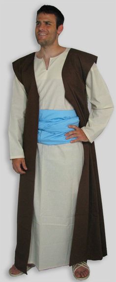 Well-made long vests are cotton, and fit anyone from 5' 5' to 6'3. This type of vest was worn in earlier periods, including Biblical era. It was also much later and would work with many periods of garb, Great for VBS or SCA or LARP or Halloween, many different uses to drum up a costume.. I also make all the other items in the picture. And long vests of other sizes and colours can be custom-made for you. I own Garb the World (dot com) which sews all items here in the USA mostly with fabric also m Moses Costume, Bible Character Costumes, Bible Clothing, Biblical Clothing, Biblical Costumes, Bible Camp, Rope Sandals, Bible Characters, Long Vest