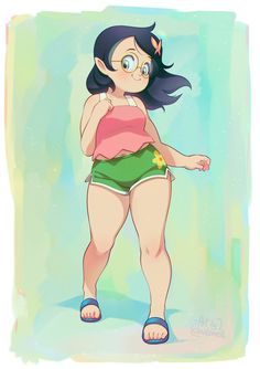 a cartoon girl in green shorts and pink shirt with her hand on her hip, looking at the camera