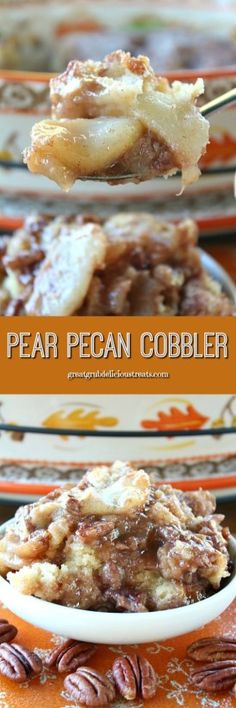 pecan cobbler on a fork with text overlay that reads pear pecan cobbler