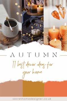 Collage of autumnal vibe images including steaming hot coffee cup, mini pumpkins, fairy lights and candles.11 best decor ideas for your home blog post. Fall Home Decor Ideas, Fall Home