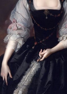 a painting of a woman in a black dress with feathers on her lap and holding a feather quill