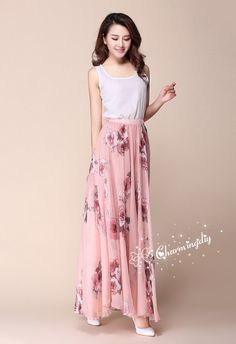 32 Colors Pink Flowers Chiffon Skirt Long Maxi by CHARMINGDIY Bohemian Chiffon Dress For Spring, Pink Flowy Chiffon Dress For Spring, Pink Chiffon Flowy Dress For Spring, Flowy Pink Chiffon Dress For Spring, Pink Flowy Chiffon Dress, Pink Bohemian Chiffon Dress For Spring, Spring Flowy Chiffon Dress, Bohemian Pink Chiffon Dress For Spring, Pink Bohemian Chiffon Dress With Floral Print