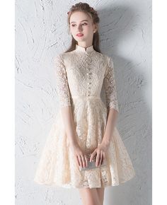 Buy modest champagne lace short homecoming dress half sleeved with collar at wholesale price online. Free shipping and pro custom service since 2009. Mini Homecoming Dresses, Standard Dress, Lace Homecoming Dresses, Short Homecoming Dress, Half Sleeve Dresses, Lace Short, Cheap Wedding Dress, Small Dress, Homecoming Dress