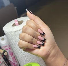 Pink Base Black French Tip Nails, Black French Tip With Pink Base, Black Acrylic Nails, Diy Acrylic Nails, Drip Nails, French Acrylic Nails