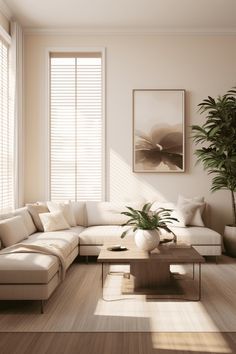 a living room filled with lots of furniture and a large plant in the middle of the room