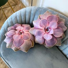 two pink flowers sitting on top of a blue chair