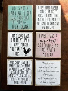 four coasters with different sayings on them