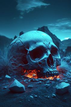 a skull sitting on top of a sandy beach next to rocks and lava in the ocean