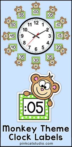 monkey theme clock labels for the classroom to use with numbers and counting them in order