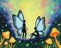 a painting of two butterflies flying over mushrooms