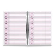 a spiral bound planner with pink numbers on it