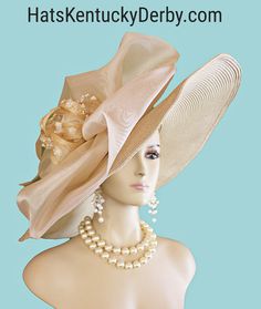 "Women's Couture Soft Beige Or Ivory Wedding Church Kentucky Derby Hat - This Elegant Custom Made Hat Is Custom Made By NY Fashion Hats Millinery Headwear Apparel. Measurements: Wide brim Measures 8\".  This is a very wide brimmed hat. Crown measures 22.5\". Standard sized crown - fits most women Condition New Custom Made Material - Poly Straw Braid This extra wide brimmed beige designer hat is suited to wear for Church, weddings, horse racing track events, The Kentucky Derby, The Belmont Stakes Mother Of The Bride Hats, Custom Made Hats, Dramatic Fashion, Church Weddings, Horse Races, Racing Track, Occasion Hats, Belmont Stakes, Sinamay Hats