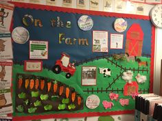 a bulletin board with farm animals and pictures on it