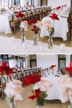 wedding flower bud vases Red And Pink Bud Vases Wedding, Red Flower Wedding Cake, Red And Rose Wedding, Red Rose And Candle Centerpieces, Rose And Candle Centerpieces, Red And White Table Decor, Simple Red Rose Centerpiece, Red Pink And Black Wedding, Red Rose Table Decor