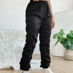 These Pants Are Cut Small Great Quality Fabric *Breathable* Black High Waist Hip Hop Sweatpants, Hip Hop High Waist Black Sweatpants, Hip Hop Black High Waist Sweatpants, Black Stretch Parachute Pants With Drawstring, Black Hip Hop Workout Bottoms, Black High-waisted Drawstring Pants, Black Drawstring Bottoms For Fall, Black High-waisted Cargo Pants With Drawstring, Black Stretch Casual Bottoms