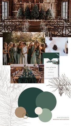 a collage of photos with green and brown tones, including pine cones, greenery,