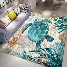 a living room area rug with a sea turtle and starfish on the ocean floor