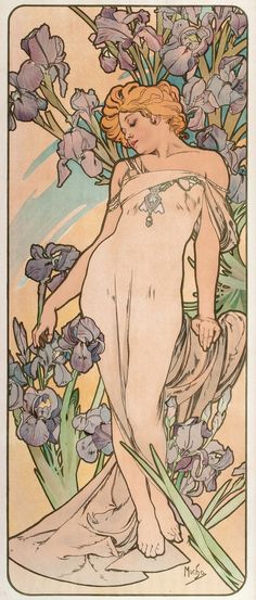 an illustration of a woman with flowers in her hair and dress, standing next to purple irises