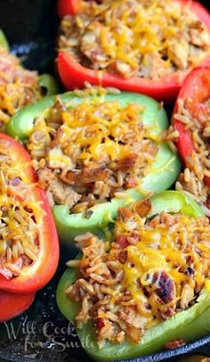 stuffed bell peppers with rice in a skillet