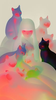 three cats sitting on top of a white and pink substance with red eyes in the middle