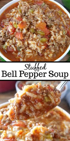 Collage of bowlful of stuffed bell pepper soup at top and closeup shot of spoonful of stuffed bell pepper soup over bowl of more soup at bottom. One Pot Soup, Thanksgiving Menu Ideas, Weeknight Dinner Recipes Easy, Weeknight Dinner Recipe