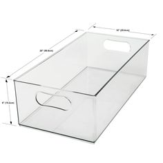 a clear plastic storage box with measurements