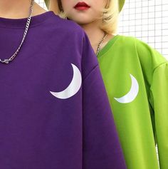 Harajuku Style Cotton T-shirt For Fall, Green Harajuku Crew Neck Top, Purple Harajuku Crew Neck Top, Purple Harajuku Cotton Top, Purple Cotton Harajuku Top, Black Long Sleeve Top With Moon Print, Long Sleeve Cotton Tops With Moon Print, Cotton Long Sleeve Tops With Moon Print, Long Sleeve Cotton Top With Moon Print