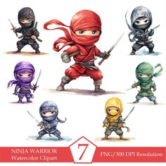 the ninja warrior character poses are shown in different colors and sizes, including red, green,