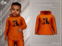 an orange hoodie with a black teddy bear on the front and side, is shown