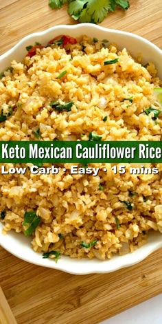 mexican cauliflower rice in a white bowl on a cutting board with cilantro