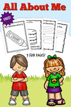 all about me worksheet with two children standing in front of each other and the text