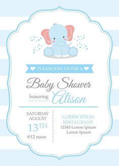 an elephant themed baby shower is shown in this blue and white striped card with the words,