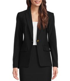 From Donna Karen&#x2C; this jacket features:Woven fabrication Notch lapel Long sleeves Faux pocketsLinedButton front closure Approx. 26" lengthNylon/spandex/polyesterDry clean Imported. Suit Separates, Tailored Jacket, Donna Karan, Cashmere Sweaters, Modern Woman, Blazer Suit, Blazer Jacket, Latest Trends, Coats Jackets