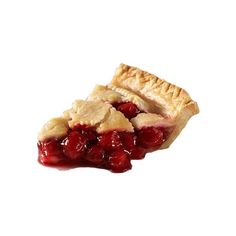 a piece of pie with cherries on it sitting in front of a white background