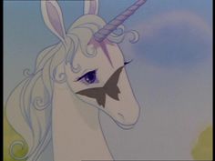 an animated unicorn with long hair and blue eyes