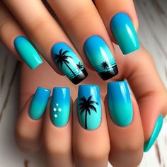 Blue Palm Tree Nails, Palm Tree Design Nails, Mexico Nails, Celebrity Manicures, Ombre Nails Tutorial, Cruise Nails, Wave Nails, Palm Tree Nails, Beach Nail Designs