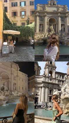 two women standing in front of a fountain with people sitting at tables and eating food