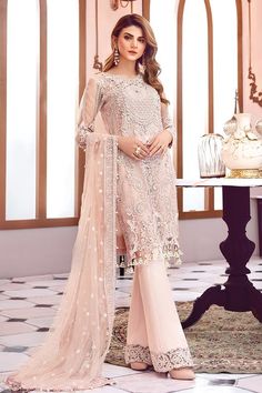 Asian net embroidered dress in pink color is presented for party and casual wear. Asian net embroidered dress with pearls and sequinned embroidered patches. Salwar Dress, Dress Salwar Kameez, Net Dress, Chiffon Collection, Pakistani Dress Design, Pakistani Designers, Shalwar Kameez, Embroidery Suits, Luxury Collection