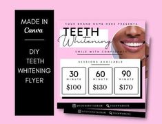 the teeth whitening flyer is displayed on a pink background