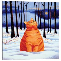 an orange cat sitting in the middle of a snowy forest with trees and snow flakes