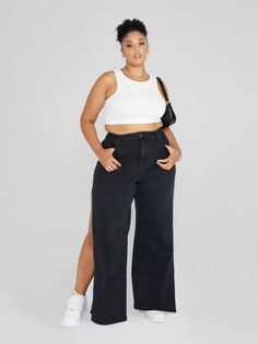 Plus Size High Rise Side Slit Relaxed Fit Jeans | Fashion to Figure Jeans With Sneakers, Size 12 Fashion, Cute Crop Top, Fashion To Figure, Jeans Fabric, Relaxed Jeans, Jeans Fashion, Cute Crop Tops, Trouser Style