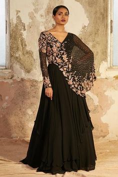 Shop for Shloka Khialani Black Georgette Noire Floral Embellished Gown for Women Online at Aza Fashions Black Gown Indian, Hand Embellishment, Georgette Gown, Cape Gown, Indo Western Dress, Cape Style, Desi Clothes, Black Layers, Embellished Gown