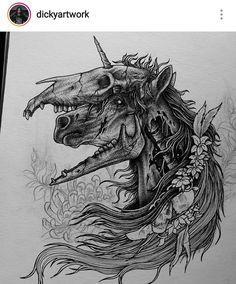 a drawing of a dragon with long hair and flowers on it's head is shown