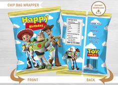 the back and side of a toy story birthday bag wrapper with an image of two characters