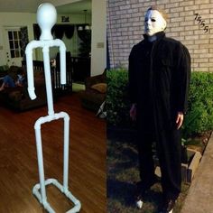 two photos one is white and the other has a man in a black suit standing next to a fake skeleton